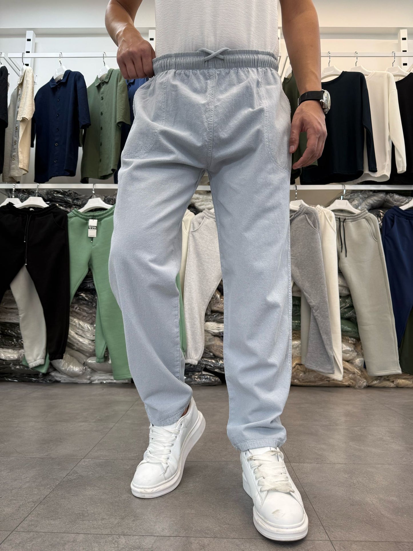 %100 HAM KETEN BAGGY PANTOLON BUZ MAVİSİ