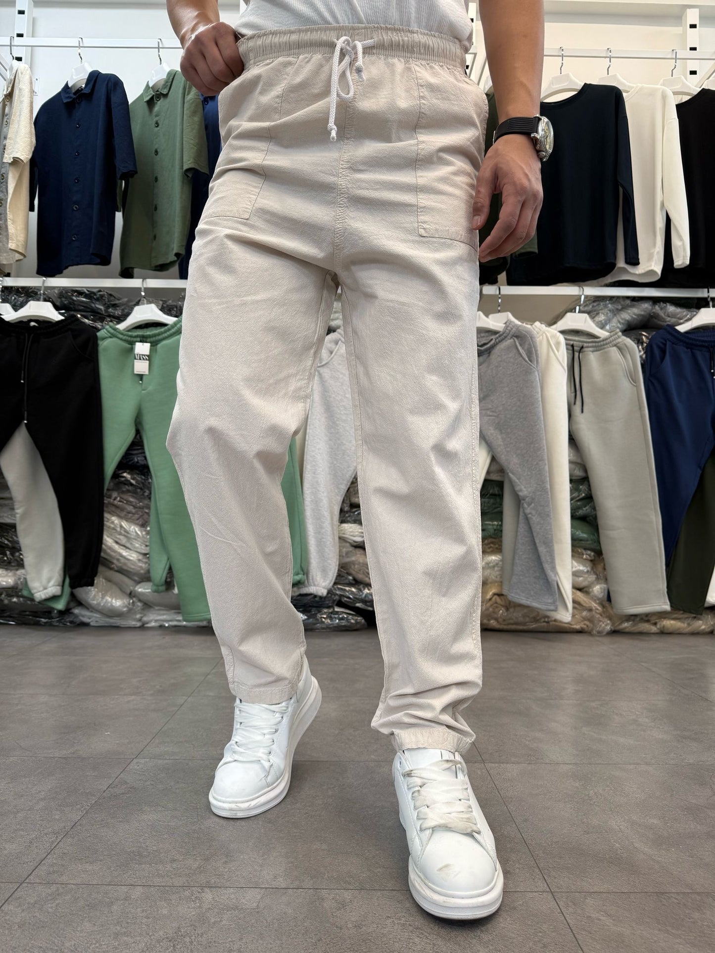 %100 HAM KETEN BAGGY PANTOLON BEYAZ