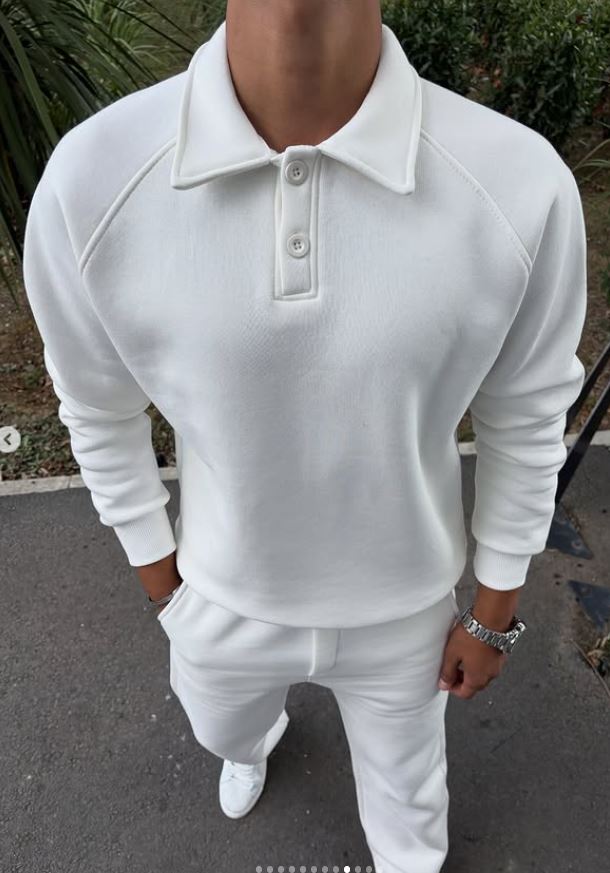 3 İPLİK ŞARDONLU POLO YAKA SWEATSHİRT BEYAZ