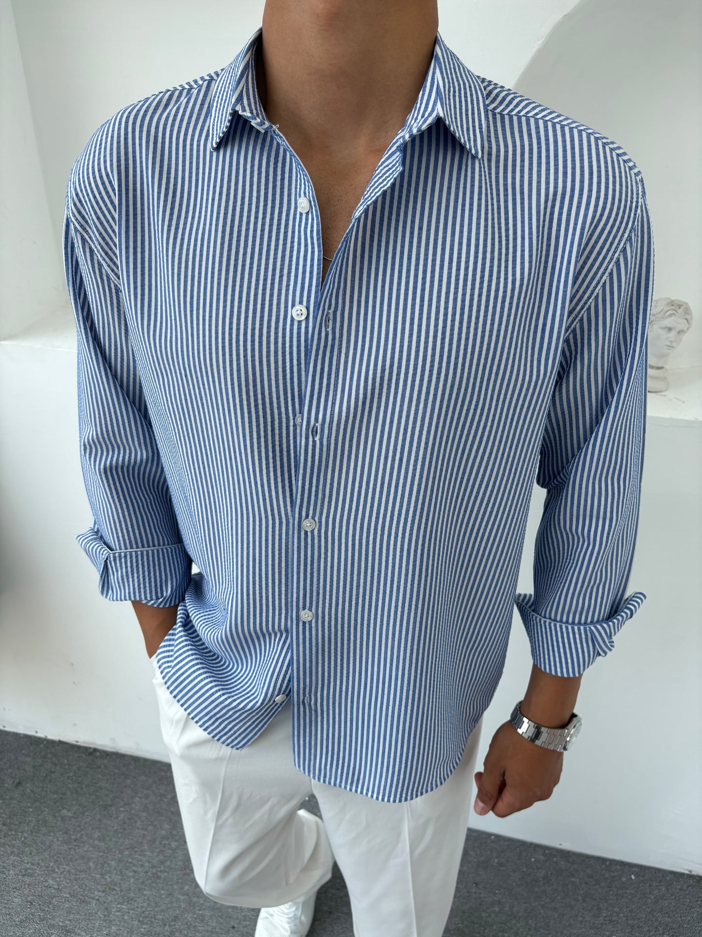 ÇİZGİLİ DETAYLI OVERSİZE KETEN GÖMLEK BEBE MAVİSİ