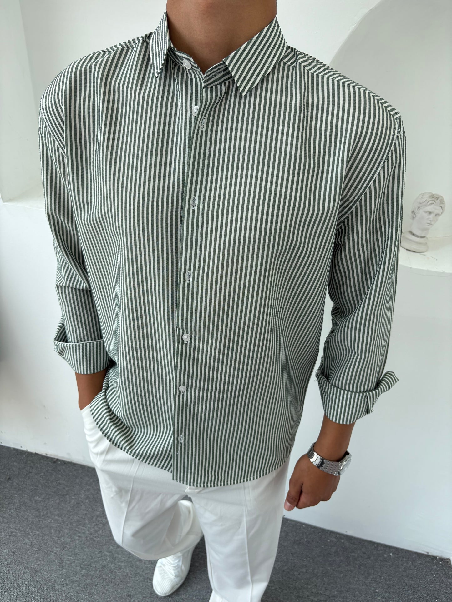 ÇİZGİLİ DETAYLI OVERSİZE KETEN GÖMLEK YEŞİL