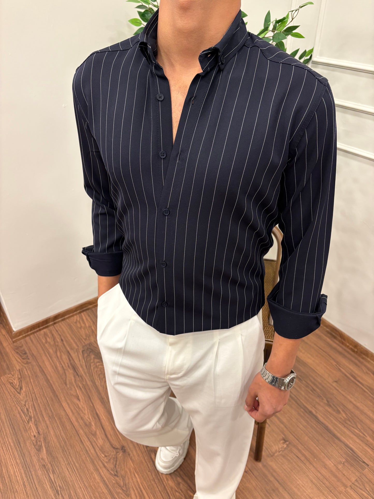 LİKRALI DABIL KUMAŞ ÇİZGİLİ GÖMLEK LACİVERT