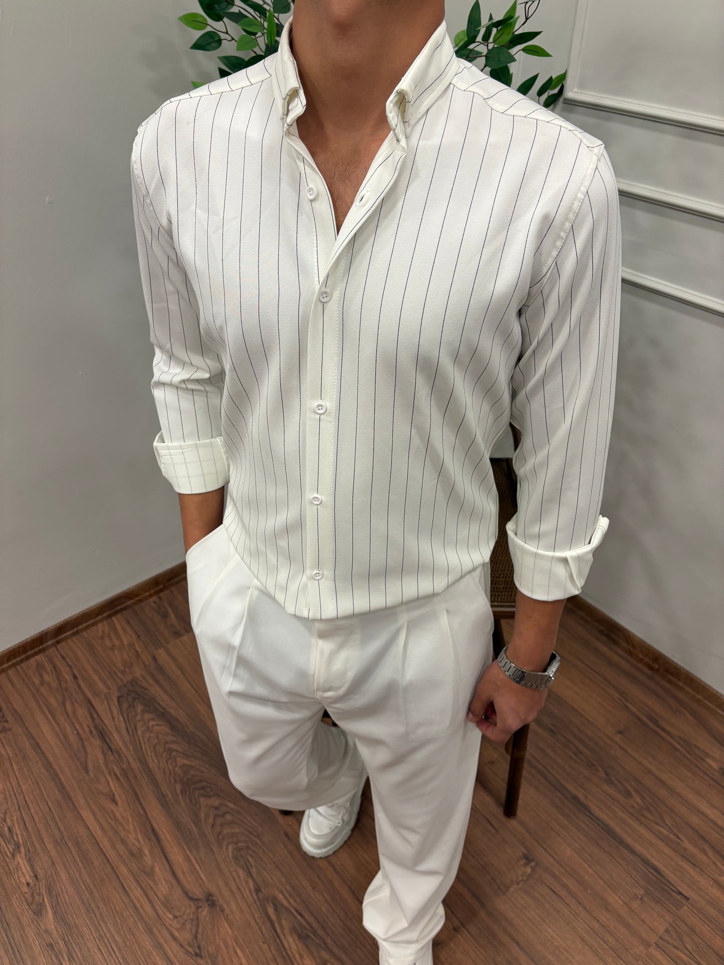 LİKRALI DABIL KUMAŞ ÇİZGİLİ GÖMLEK BEYAZ