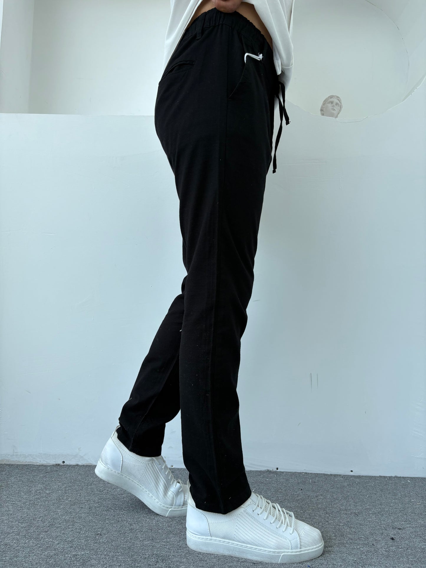 REGULAR FİT KALIP LİKRALI KETEN PANTOLON SİYAH
