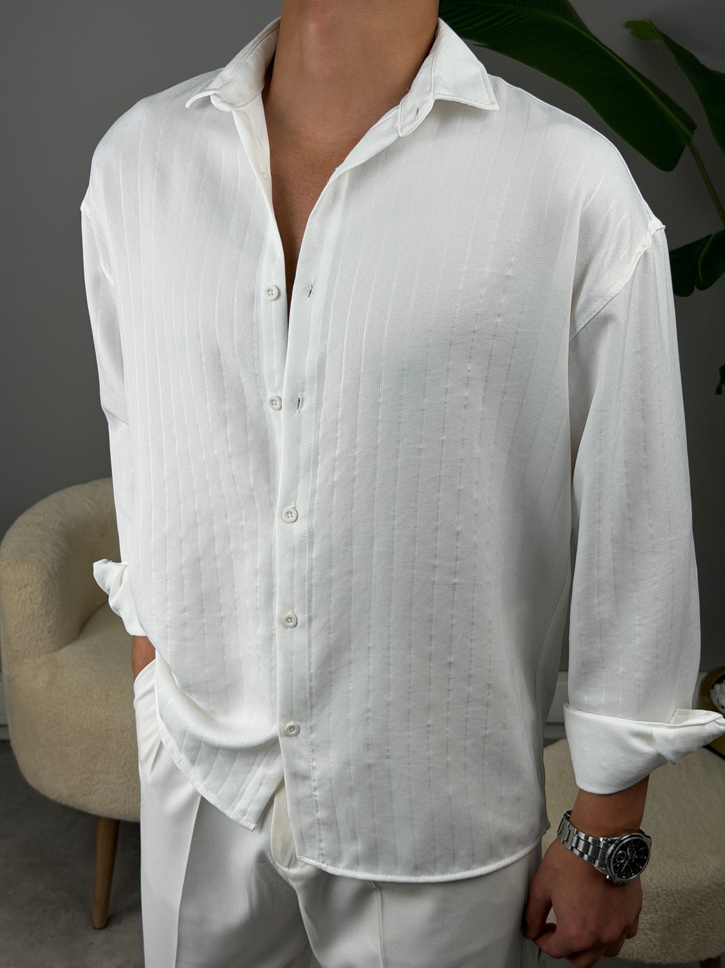 İNCE FİTİL DETAYLI KETEN GÖMLEK BEYAZ