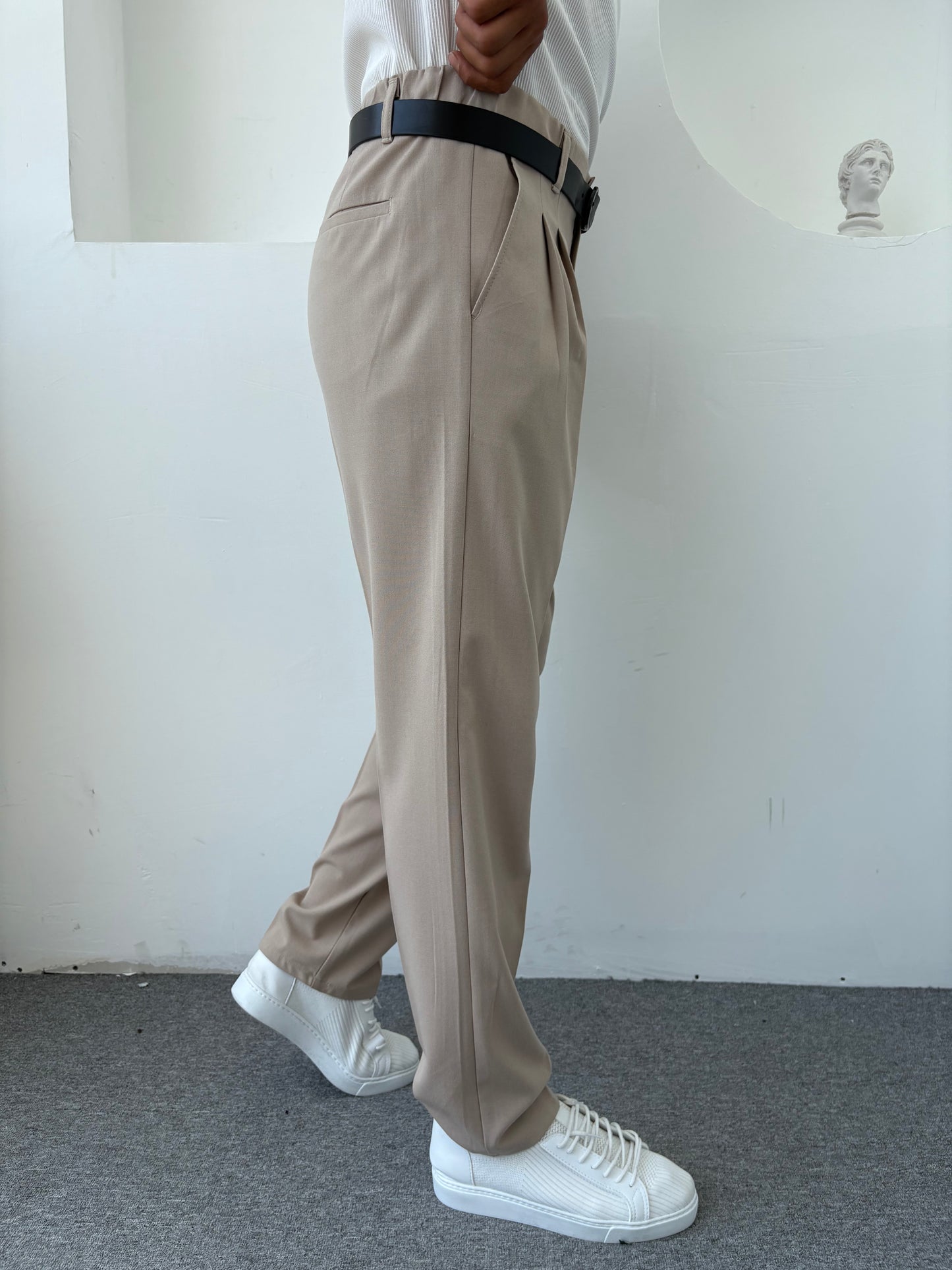 Pileli Baggy Kalıp Kumaş Pantolon BEJ