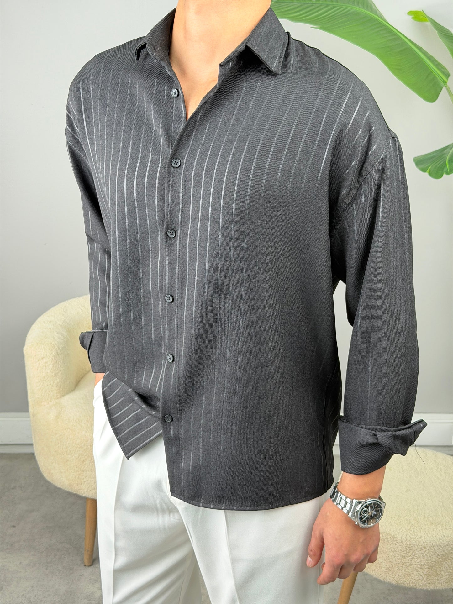 İNCE FİTİL DETAYLI KETEN GÖMLEK SİYAH