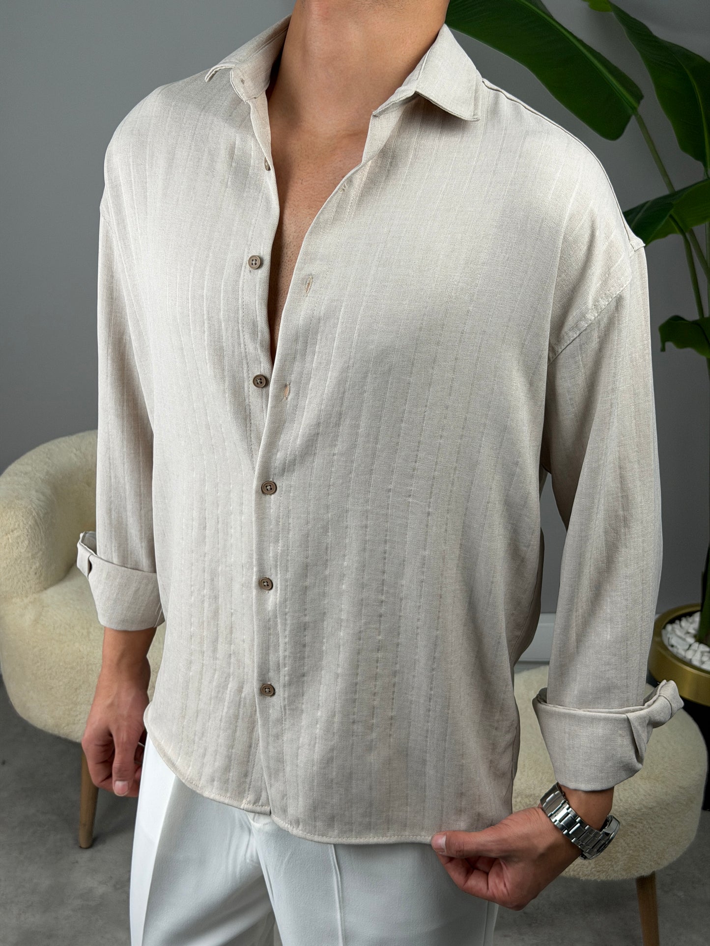 İNCE FİTİL DETAYLI KETEN GÖMLEK BEJ