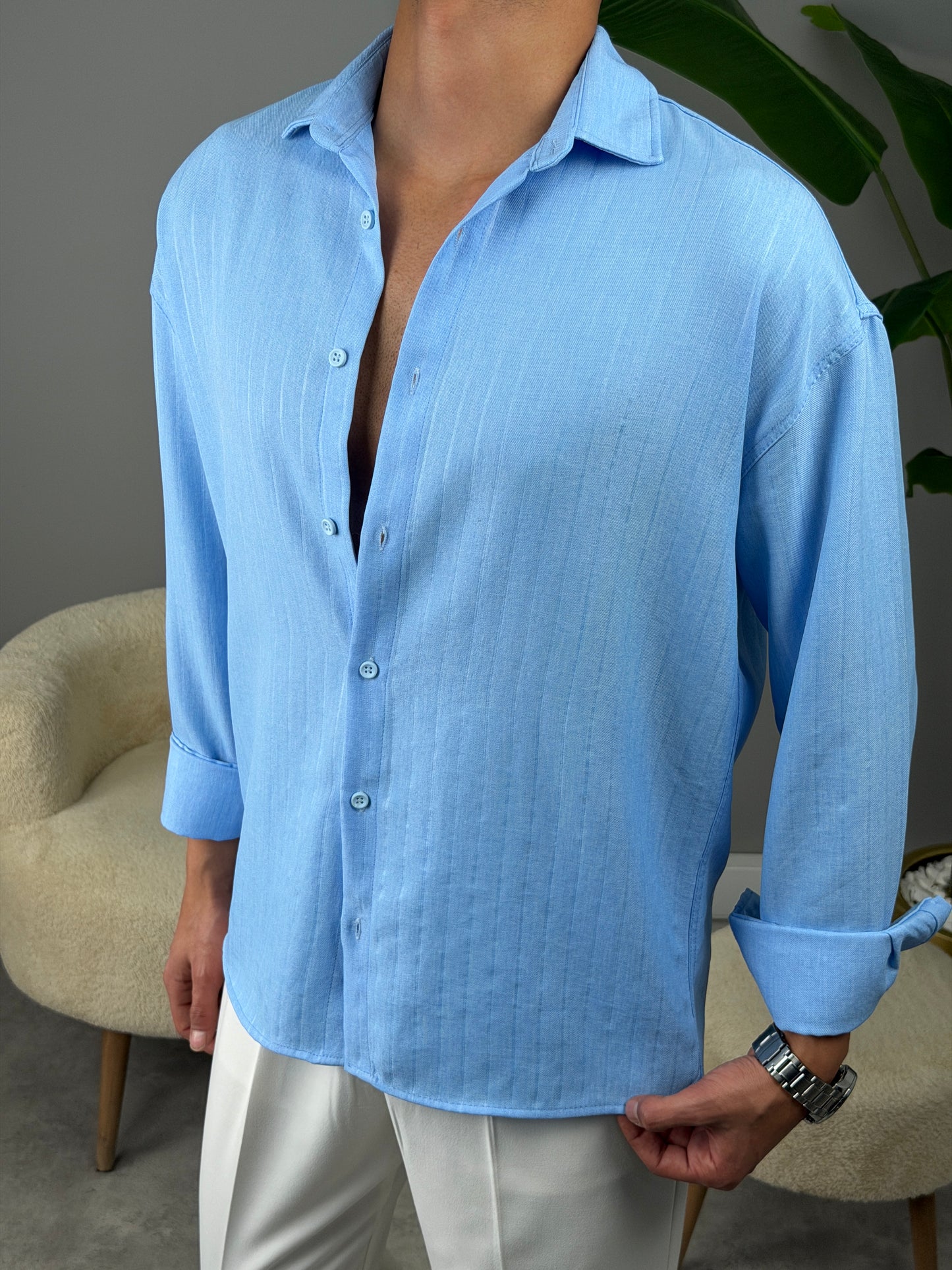 İNCE FİTİL DETAYLI KETEN GÖMLEK BEBE MAVİSİ