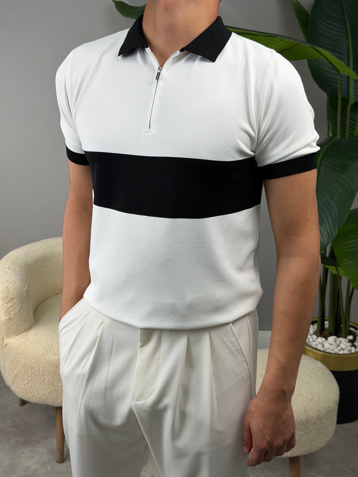 ŞERİTLİ YARIM FERMAUR POLO YAKA TSHİRT BEYAZ