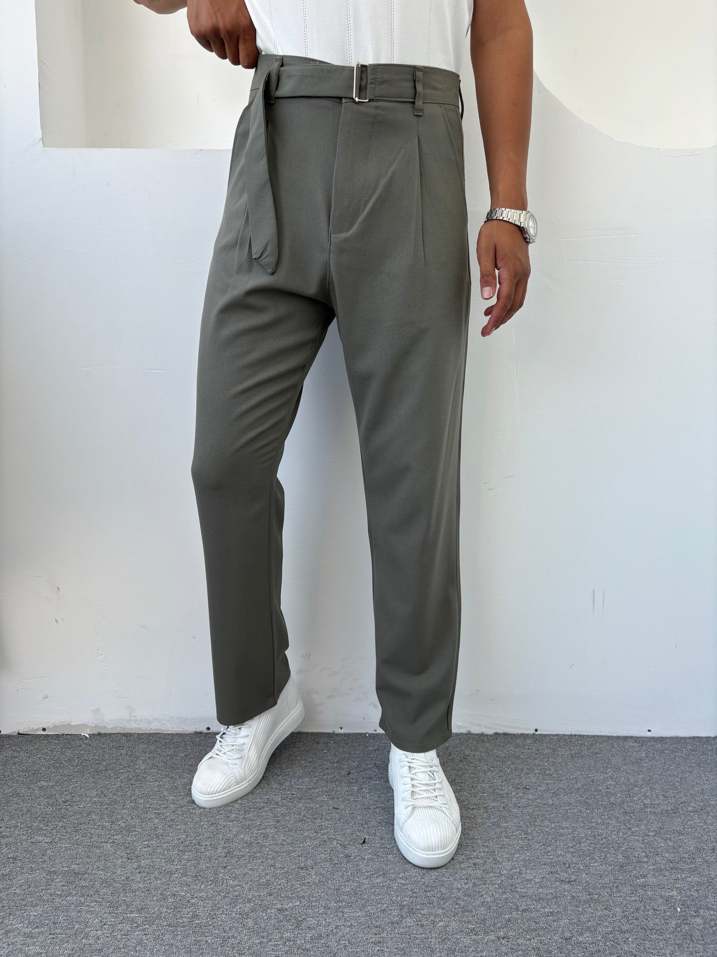KENDİNDEN KEMERLİ BAGGY KALIP KUMAŞ PANTOLON YEŞİL