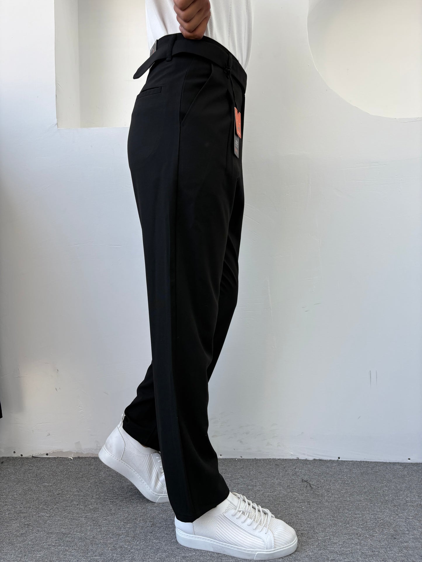 KENDİNDEN KEMERLİ BAGGY KALIP KUMAŞ PANTOLON SİYAH