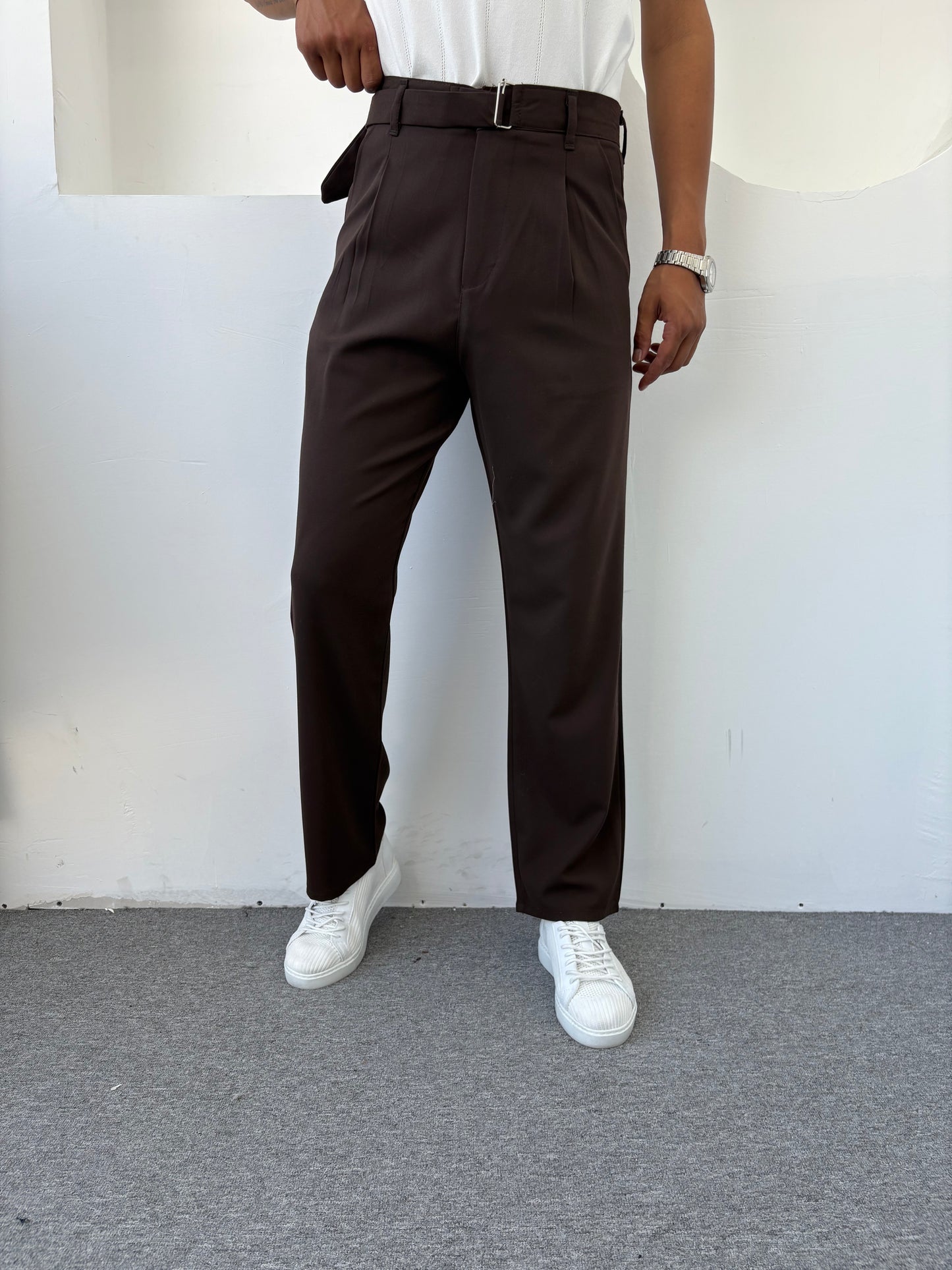 KENDİNDEN KEMERLİ BAGGY KALIP KUMAŞ PANTOLON ACI KAHVE