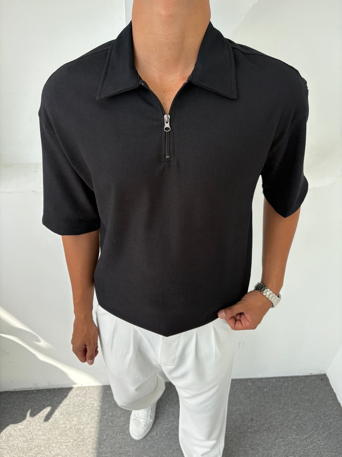 KREP YARIM FERMAUR POLO YAKA TSHİRT SİYAH