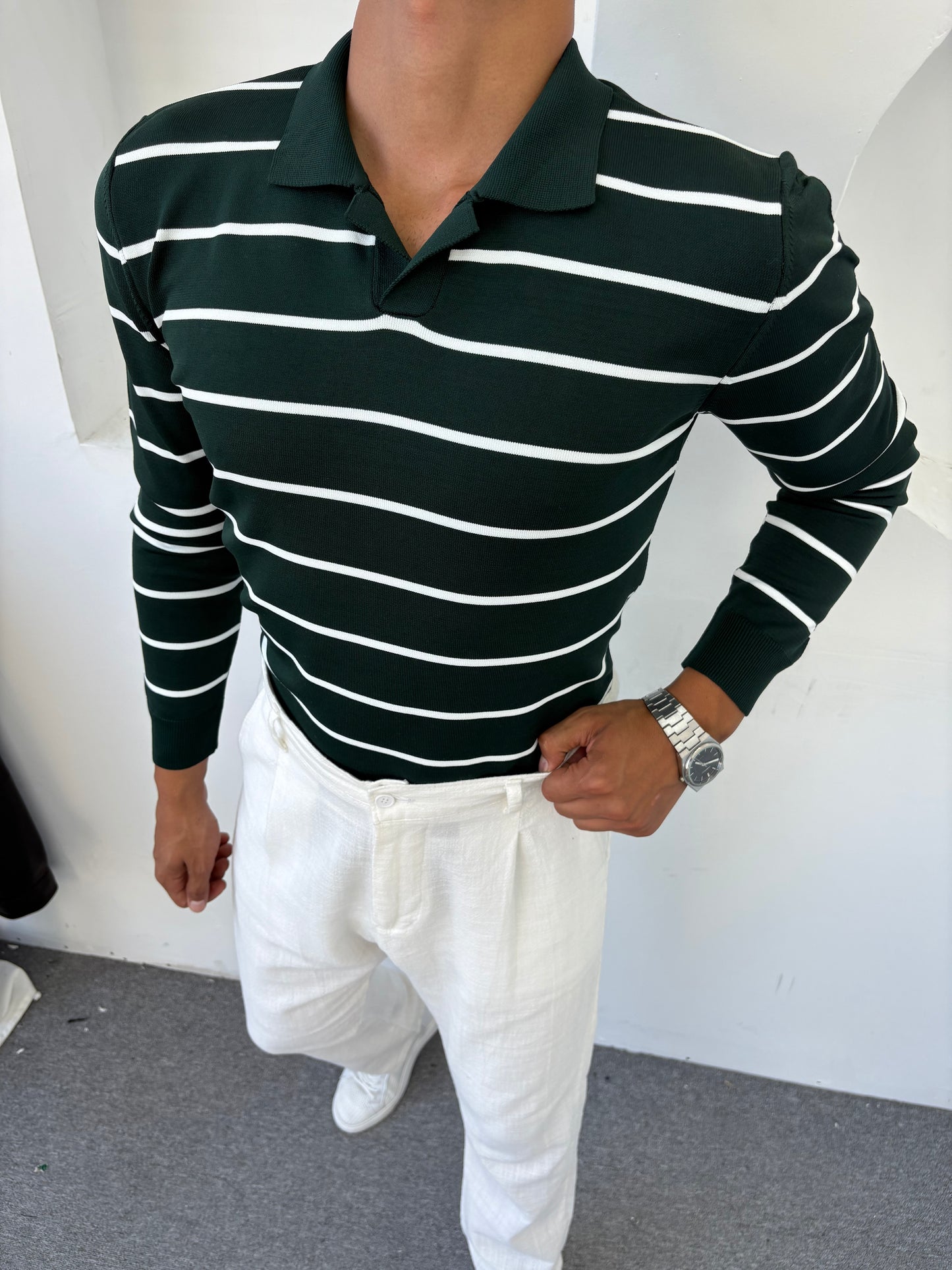ÇİZGİLİ POLO YAKA SWEATSHİRT YEŞİL