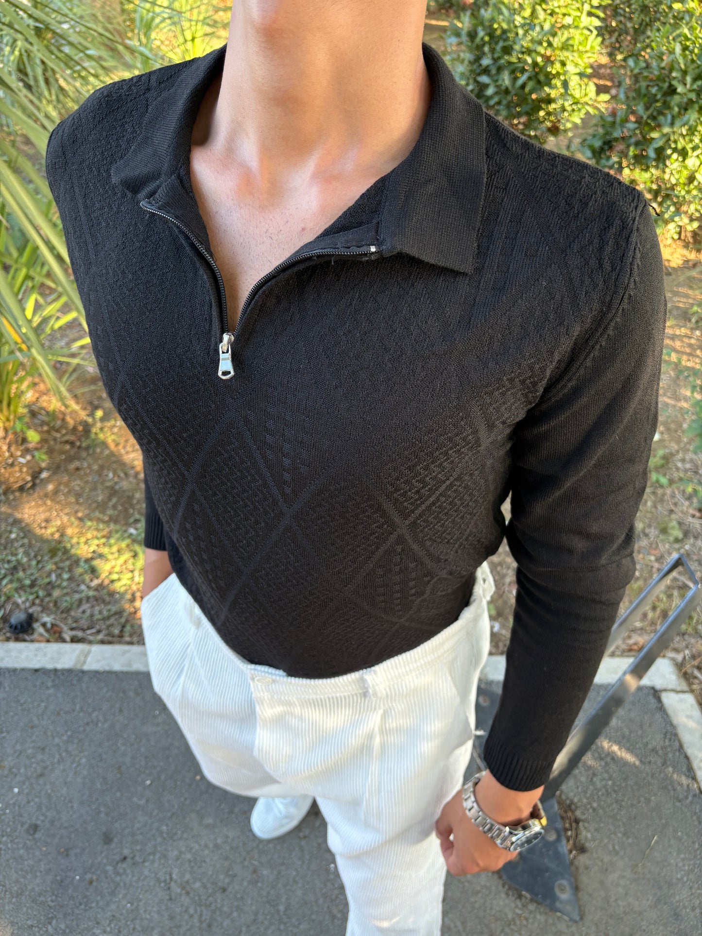 YARIM FERMAUR POLO YAKA SWEATSHİRT SİYAH