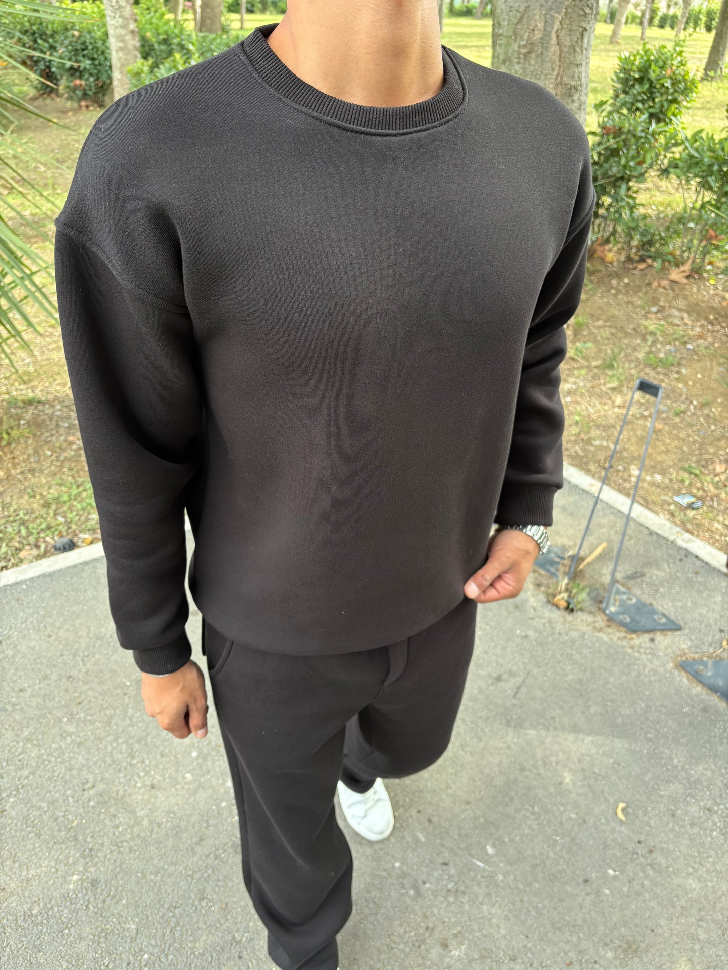 3 İPLİK ŞARDONLU BİSİKLET YAKA SWEATSHİRT SİYAH