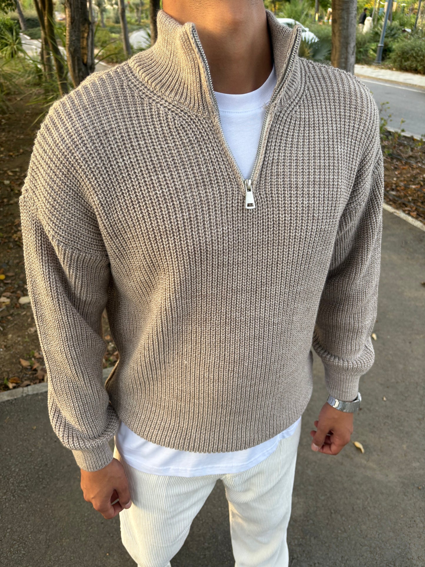 YARIM FERMAUAR TRİKO SWEATSHİRT BEJ