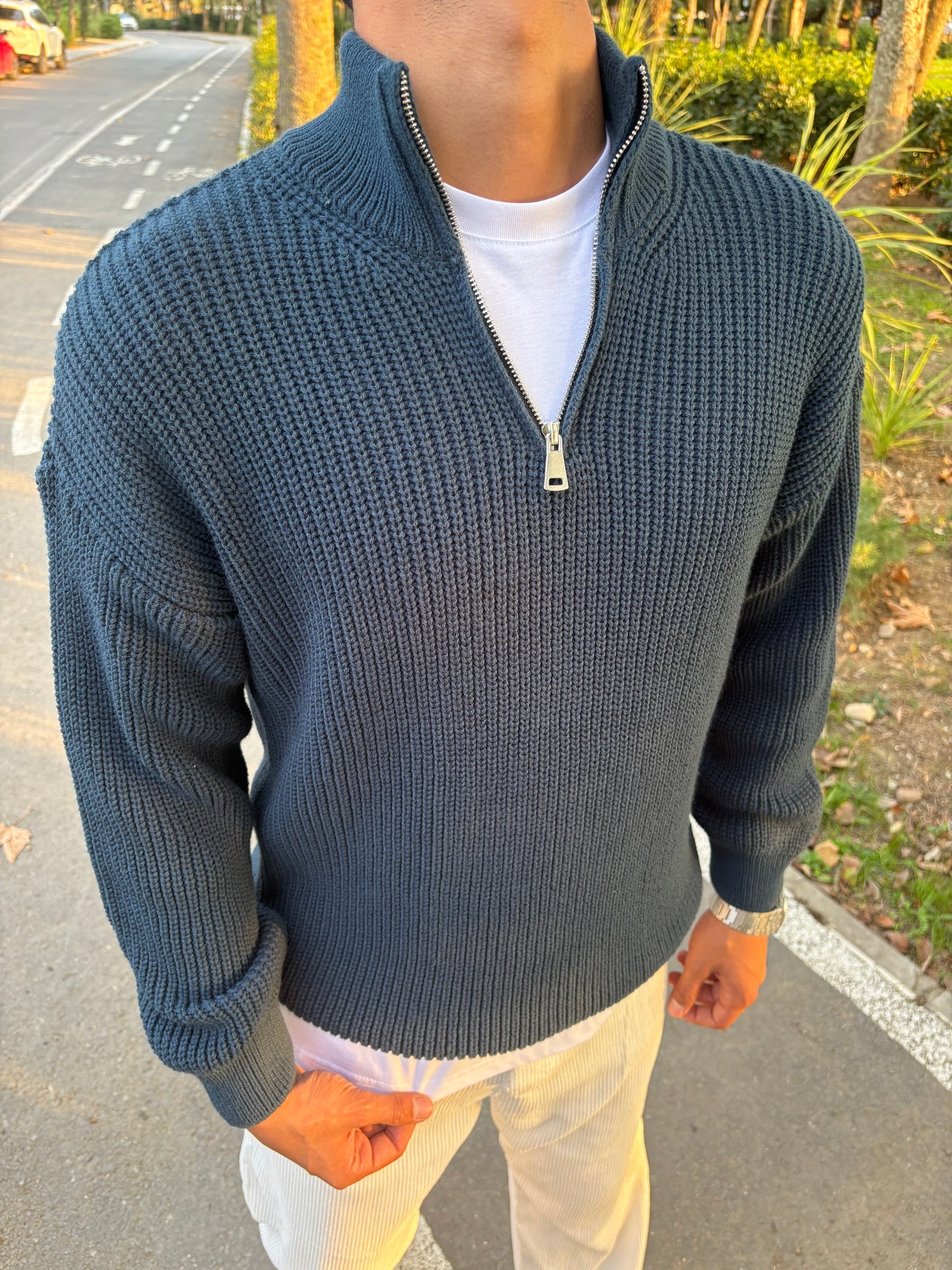 YARIM FERMAUAR TRİKO SWEATSHİRT SU YEŞİLİ