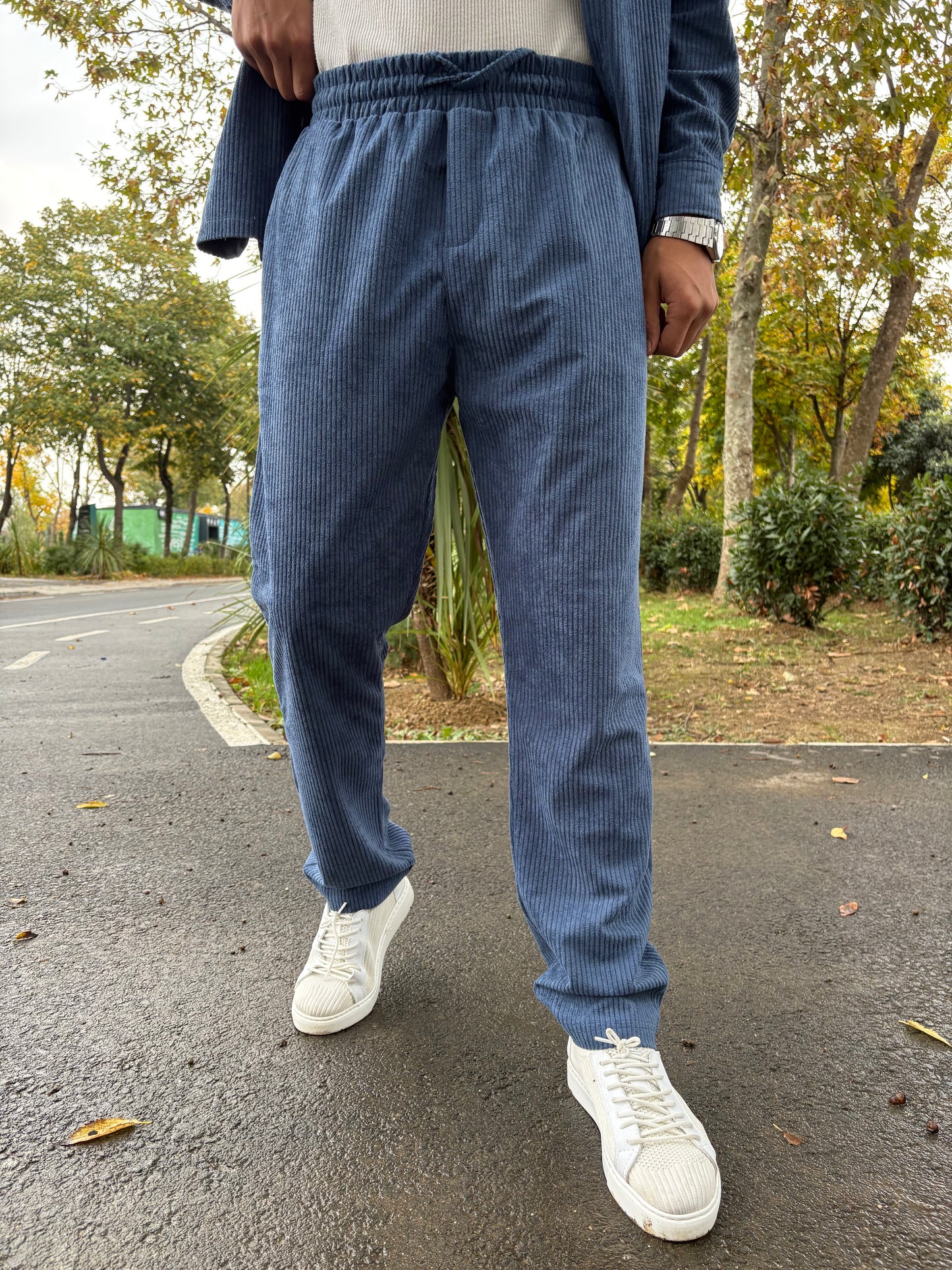 BAGGY KALIP GÖMLEKLİ KADİFE TAKIM MAVİ