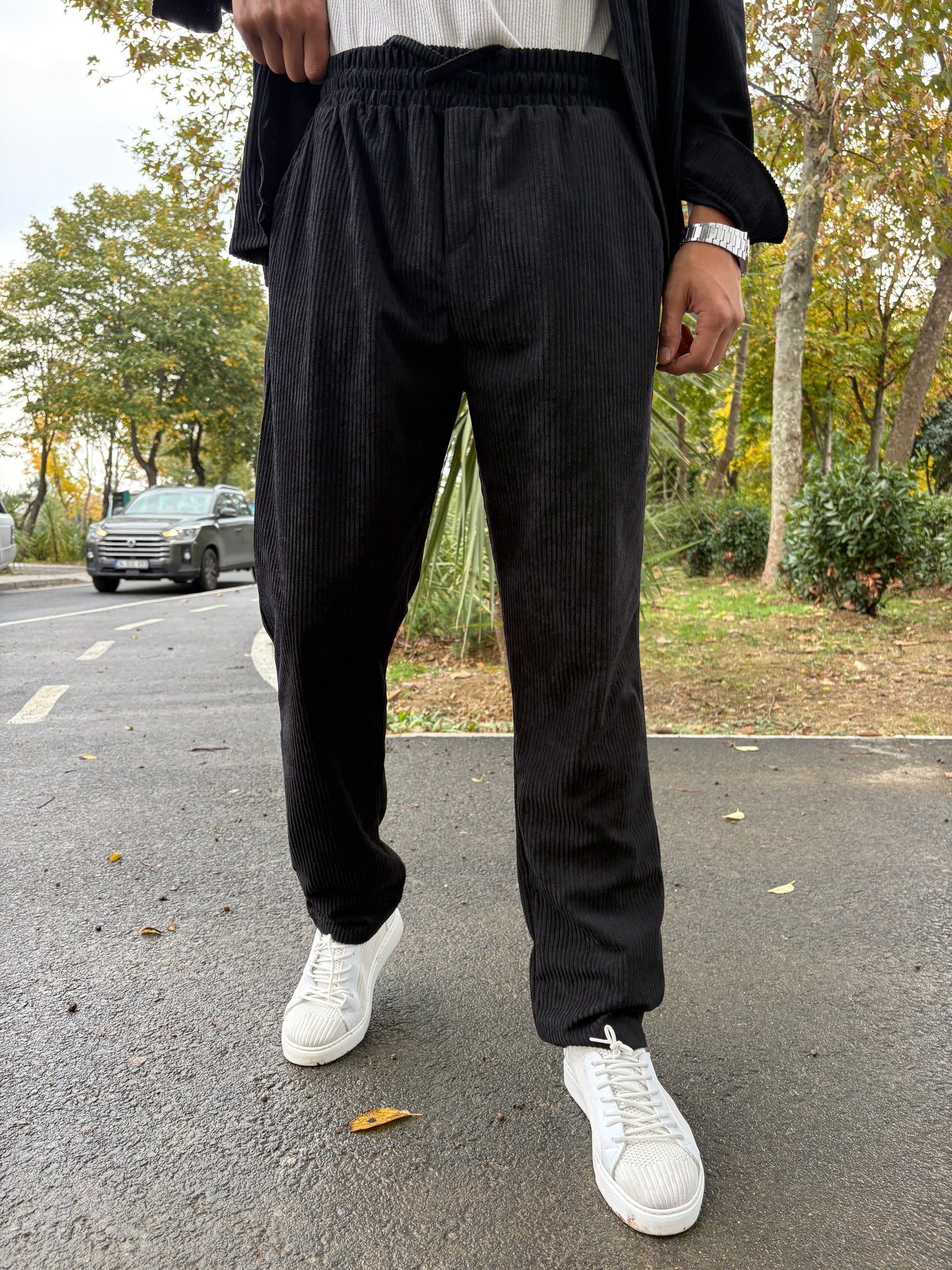 BAGGY KALIP GÖMLEKLİ KADİFE TAKIM SİYAH