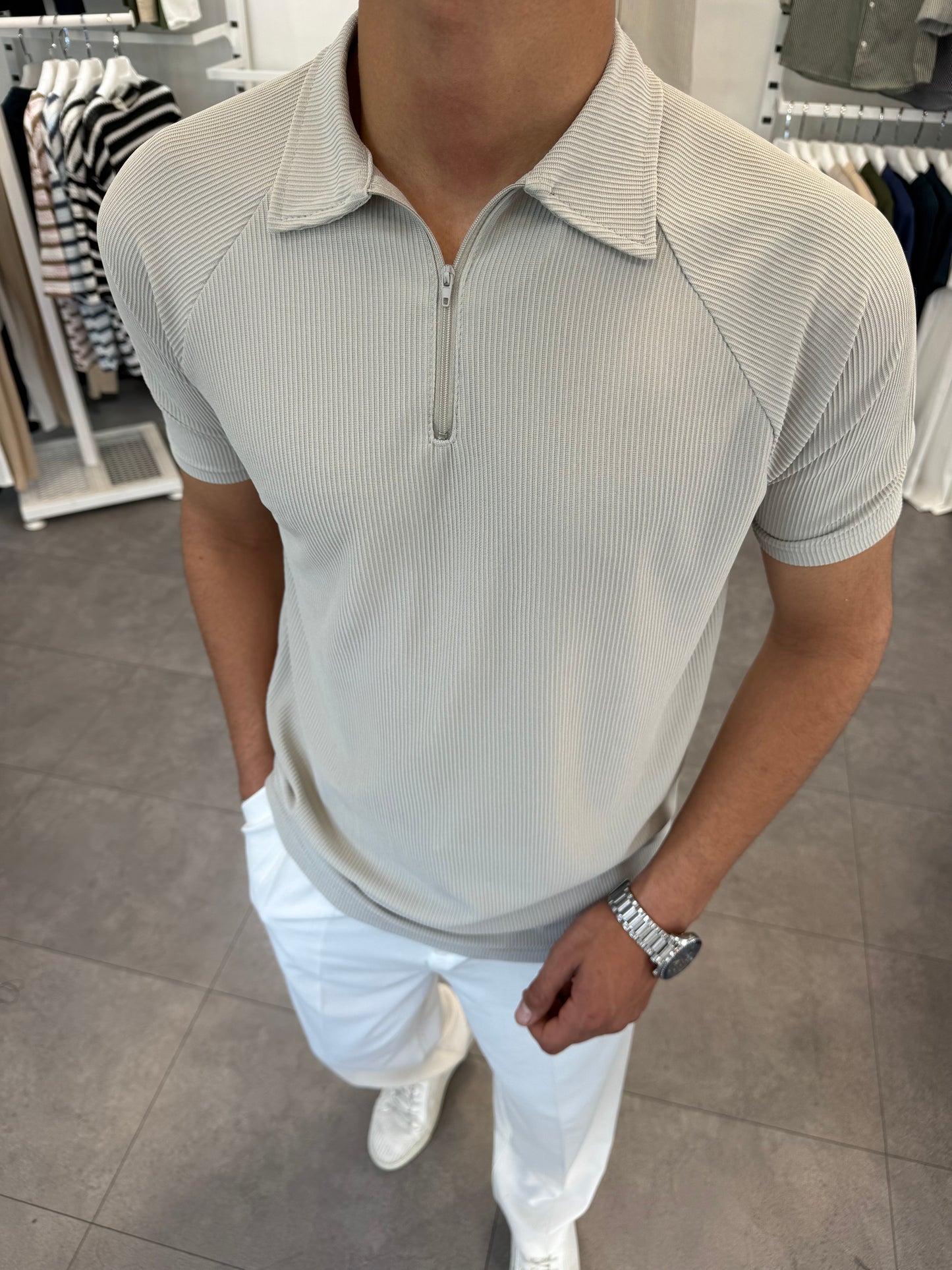 OTTOMAN YARIM FERMAUR POLO YAKA GRİ