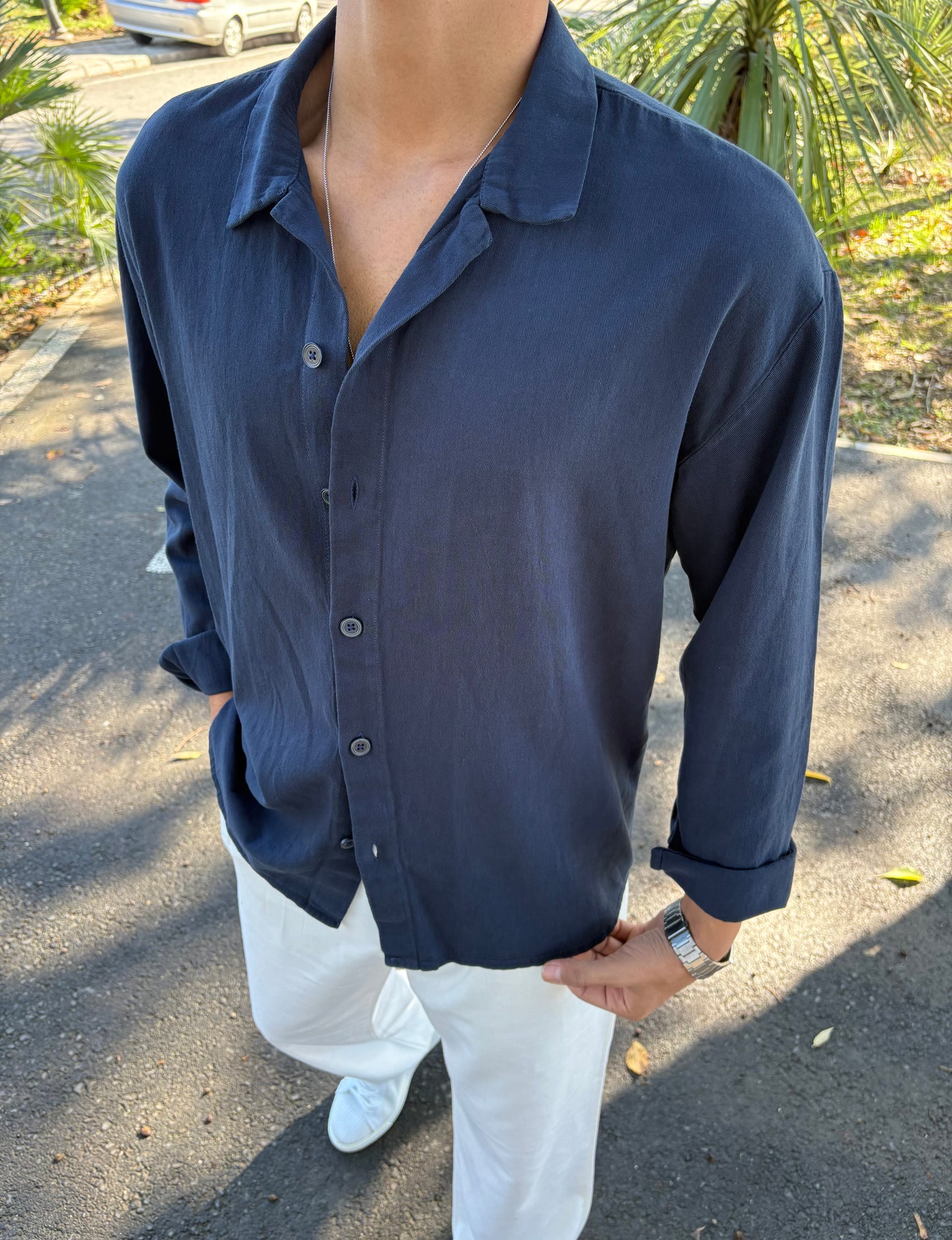 GRAMAJLI HAM KETEN GÖMLEK LACİVERT