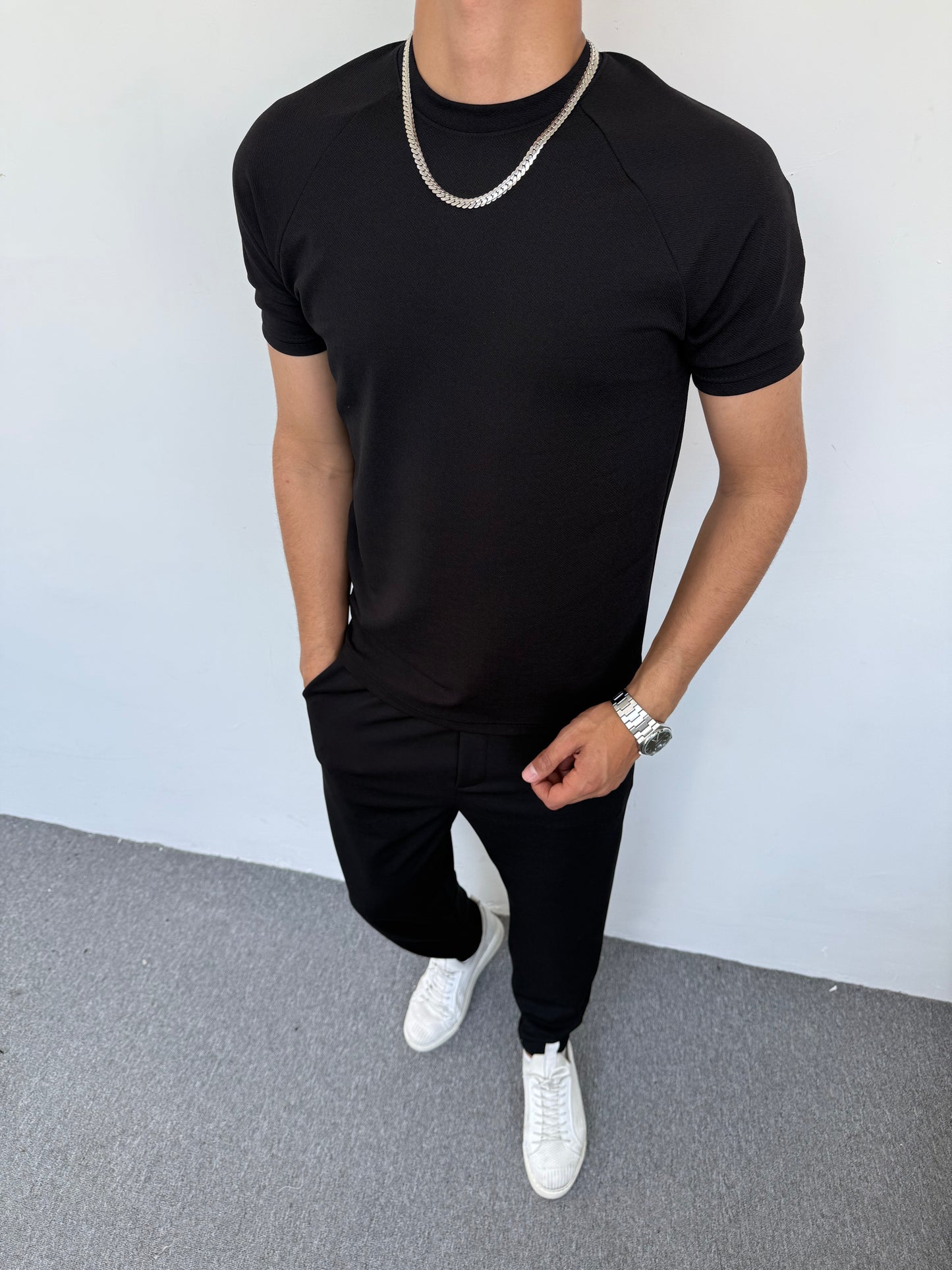 KREP KUMAŞ REGLAN KOL BOYFİREND TAKIM SİYAH