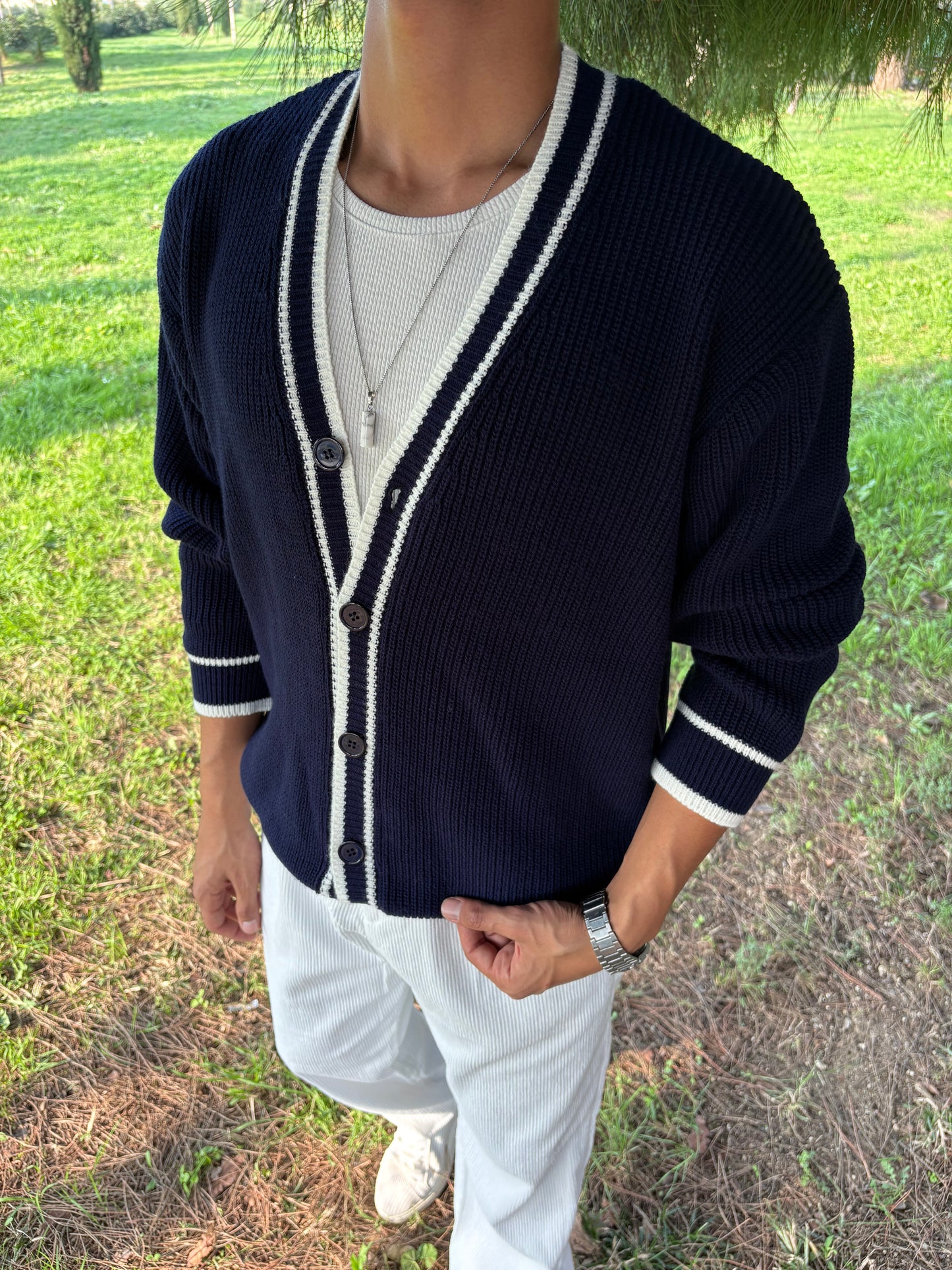 PREMİUM KALİTE ŞERİTLİ TRİKO OVERSİZE HIRKA LACİVERT