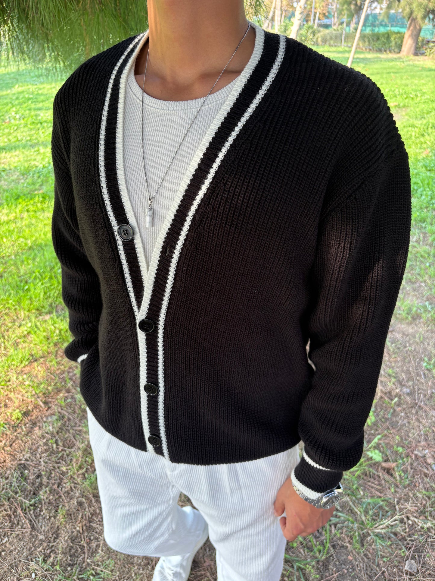 PREMİUM KALİTE ŞERİTLİ TRİKO OVERSİZE HIRKA SİYAH