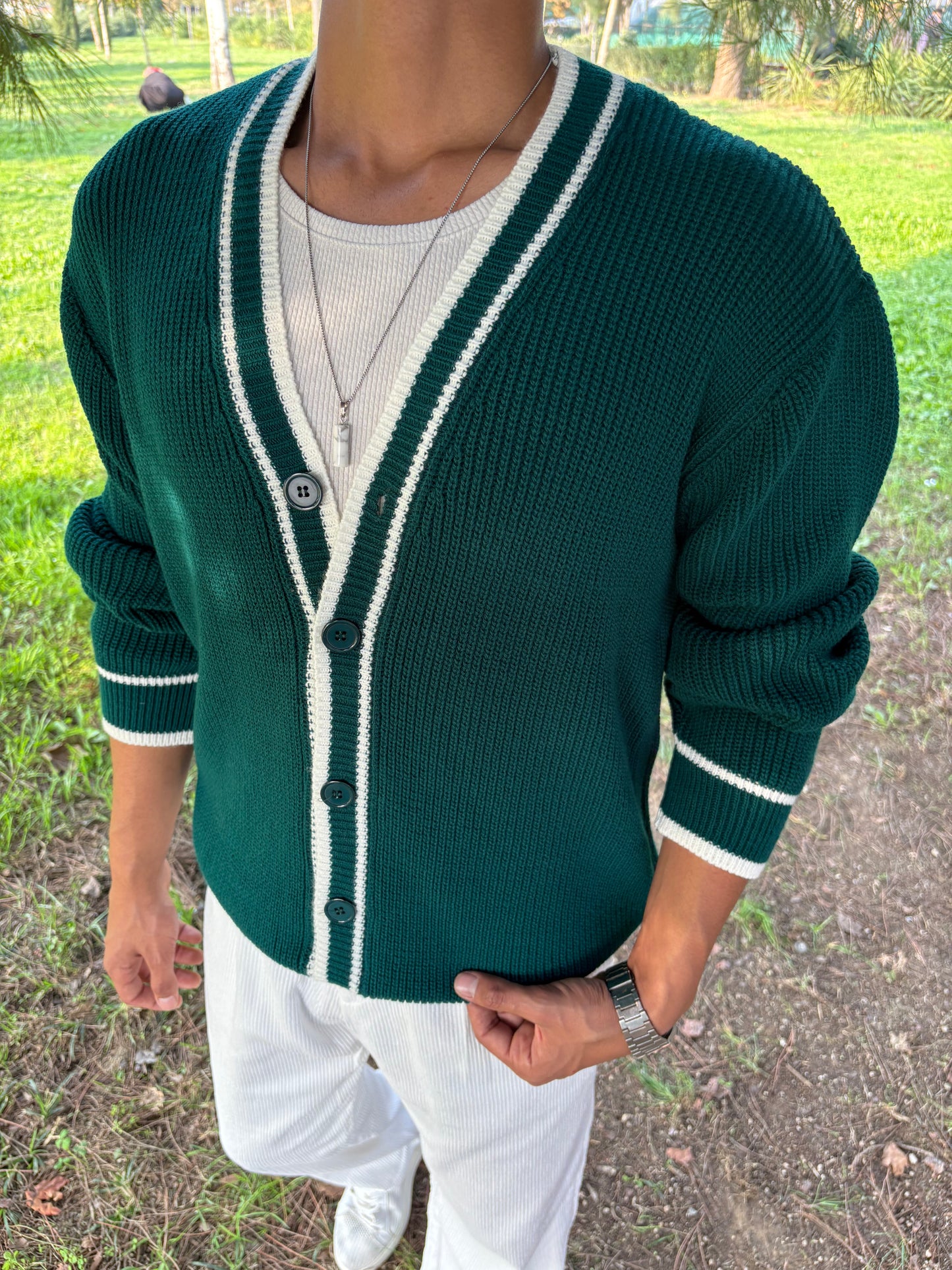 PREMİUM KALİTE ŞERİTLİ TRİKO OVERSİZE HIRKA YEŞİL