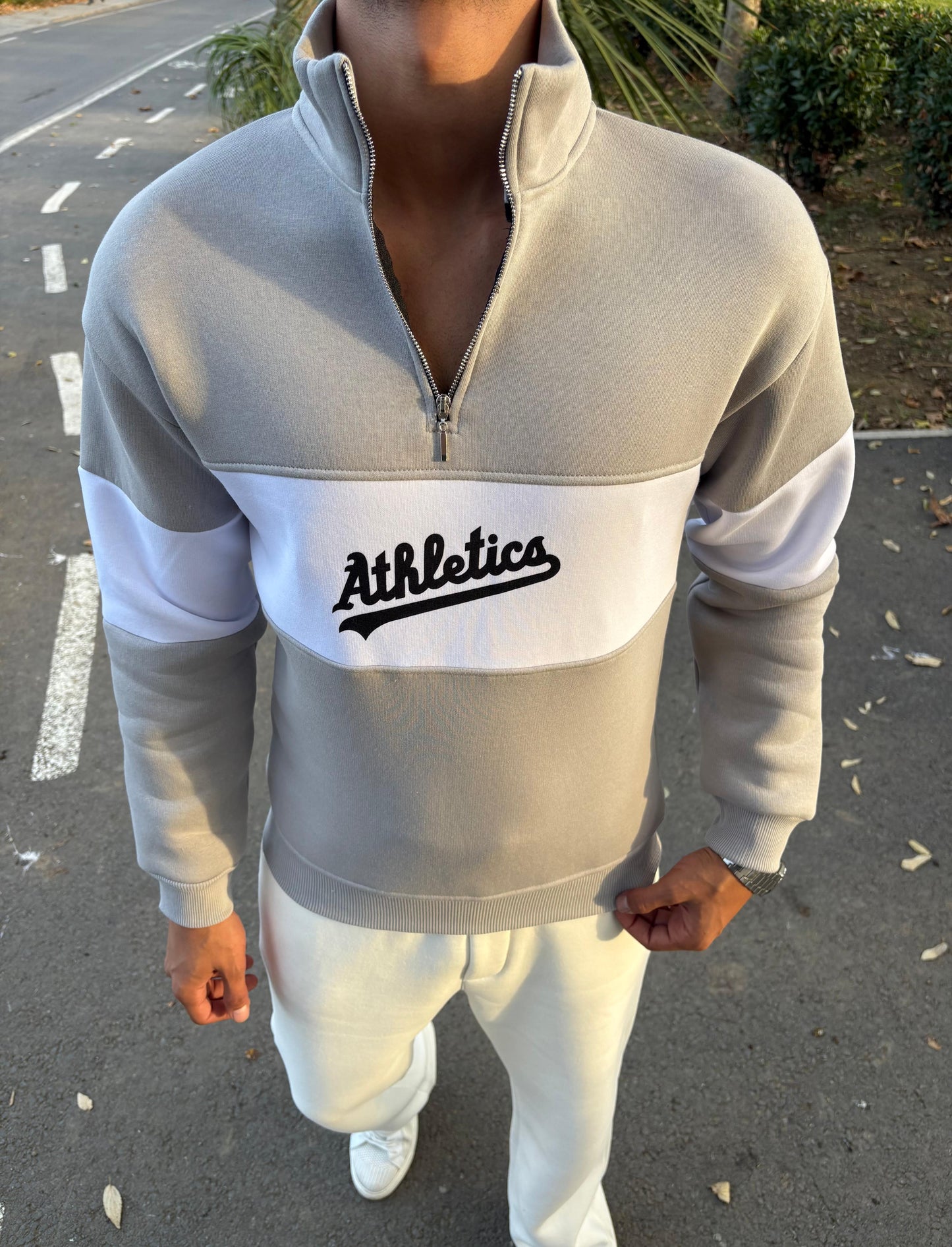 Athletics BASKILI ÜÇ İPLİK ŞARDONLU YARIM FERMUAR SWEATSHİRT GRİ