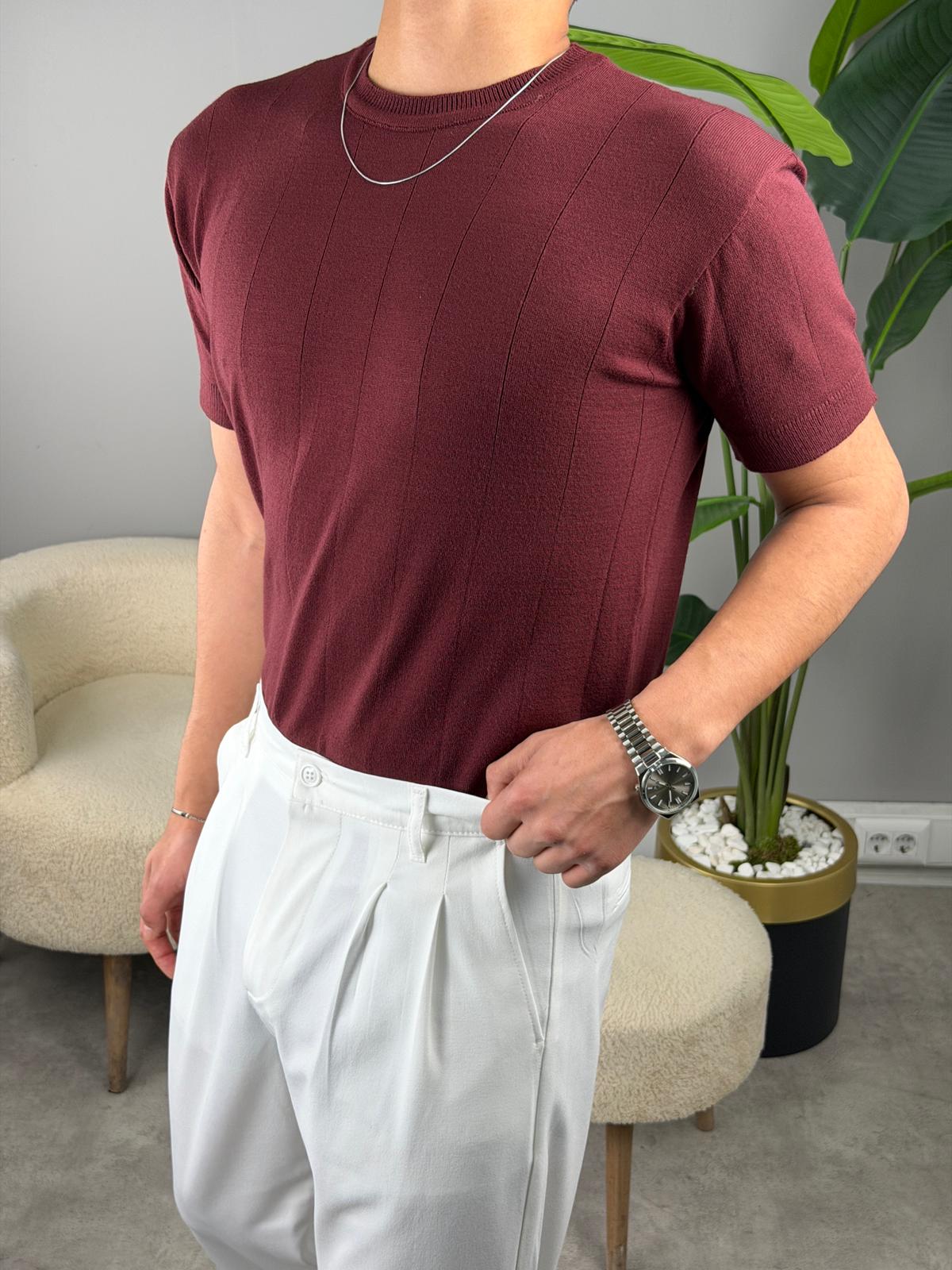 %100 Pamuk Bisiklet Yaka Triko Tshirt BORDO