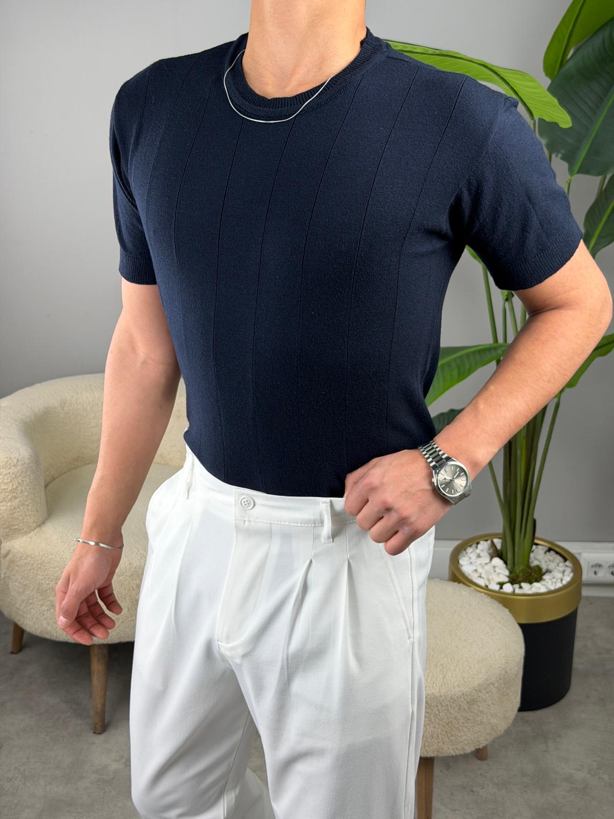 %100 Pamuk Bisiklet Yaka Triko Tshirt LACİVERT