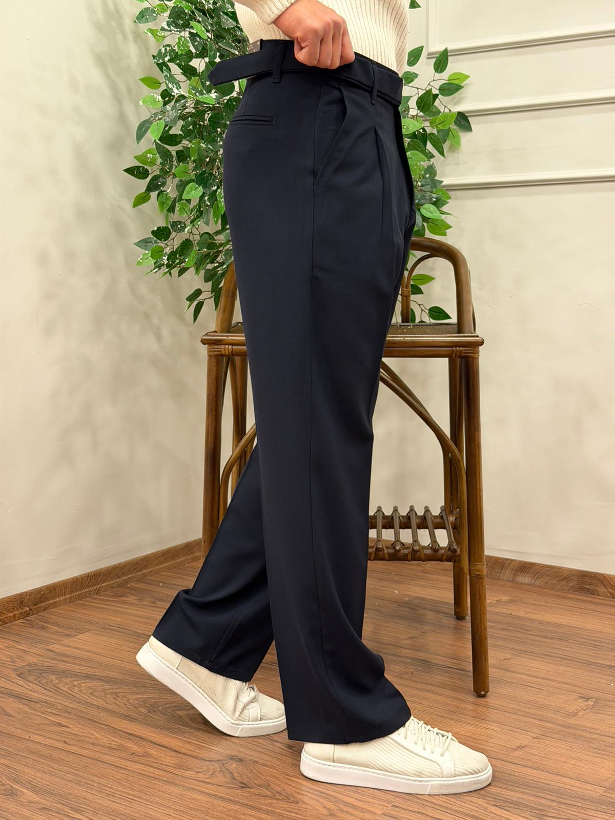 KENDİNDEN KEMERLİ KUMAŞ BAGGY PANTOLON LACİVERT