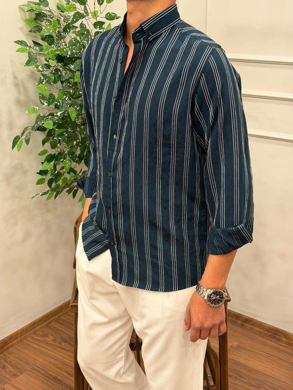 TENSEL KUMAŞ ÇİZGİLİ GÖMLEK PETROL YEŞİLİ