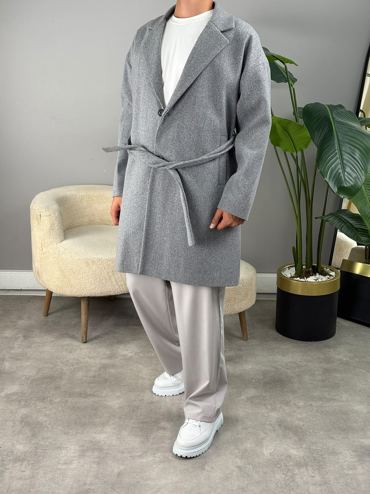 Oversize Kaşe Kaban Gri