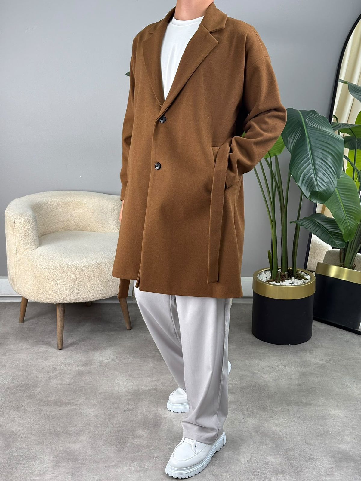 Oversize Kaşe Kaban Sütlü Kahve