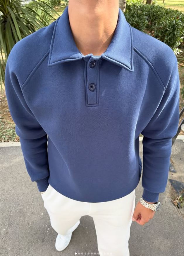 3 İPLİK ŞARDONLU POLO YAKA SWEATSHİRT MAVİ