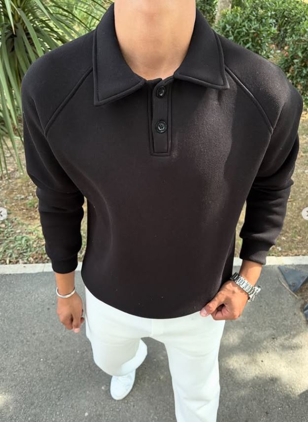 3 İPLİK ŞARDONLU POLO YAKA SWEATSHİRT SİYAH