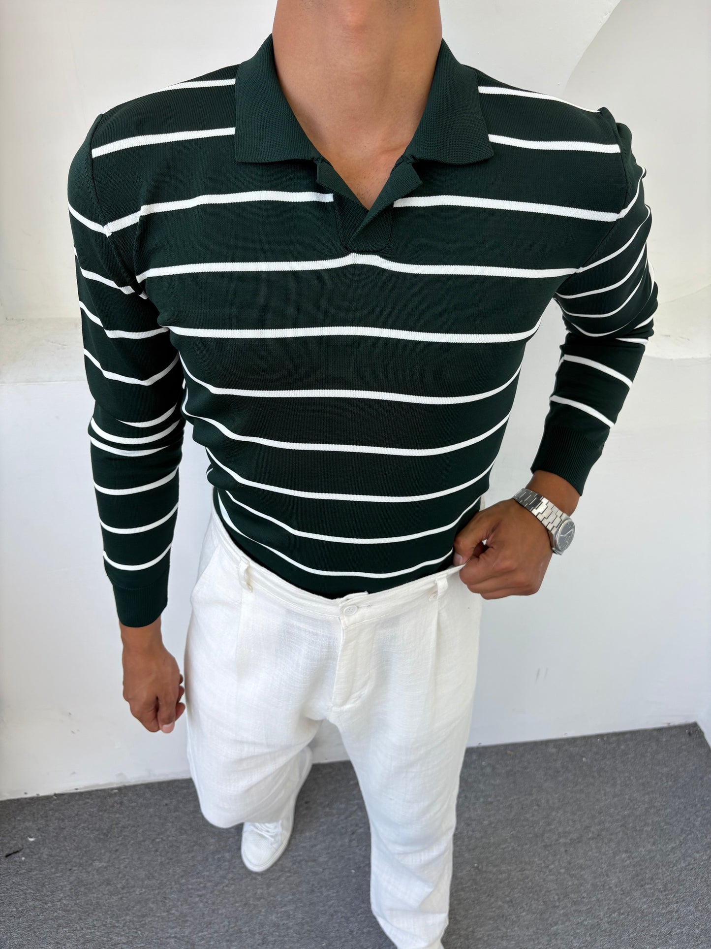 ÇİZGİLİ POLO YAKA SWEATSHİRT YEŞİL