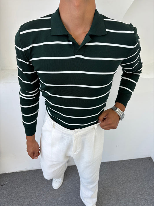 ÇİZGİLİ POLO YAKA SWEATSHİRT YEŞİL