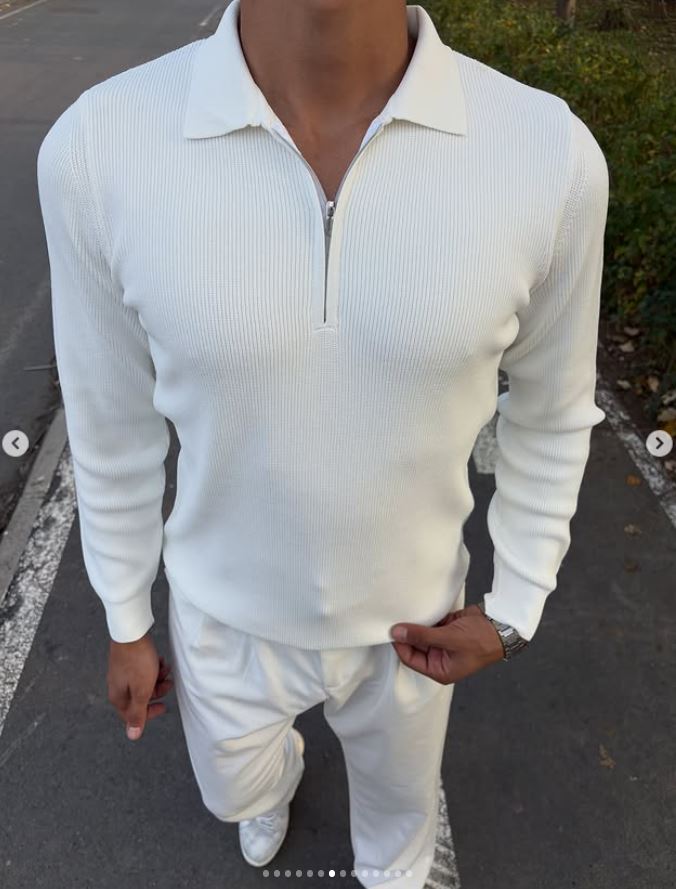 ÇELİK ÖRME YARIM FERMUARLI POLO YAKA SWEATSHİRT BEYAZ