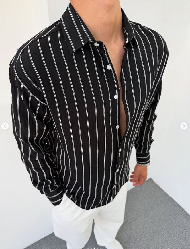 YIKAMALI UZUN KOL KETEN GÖMLEK SİYAH