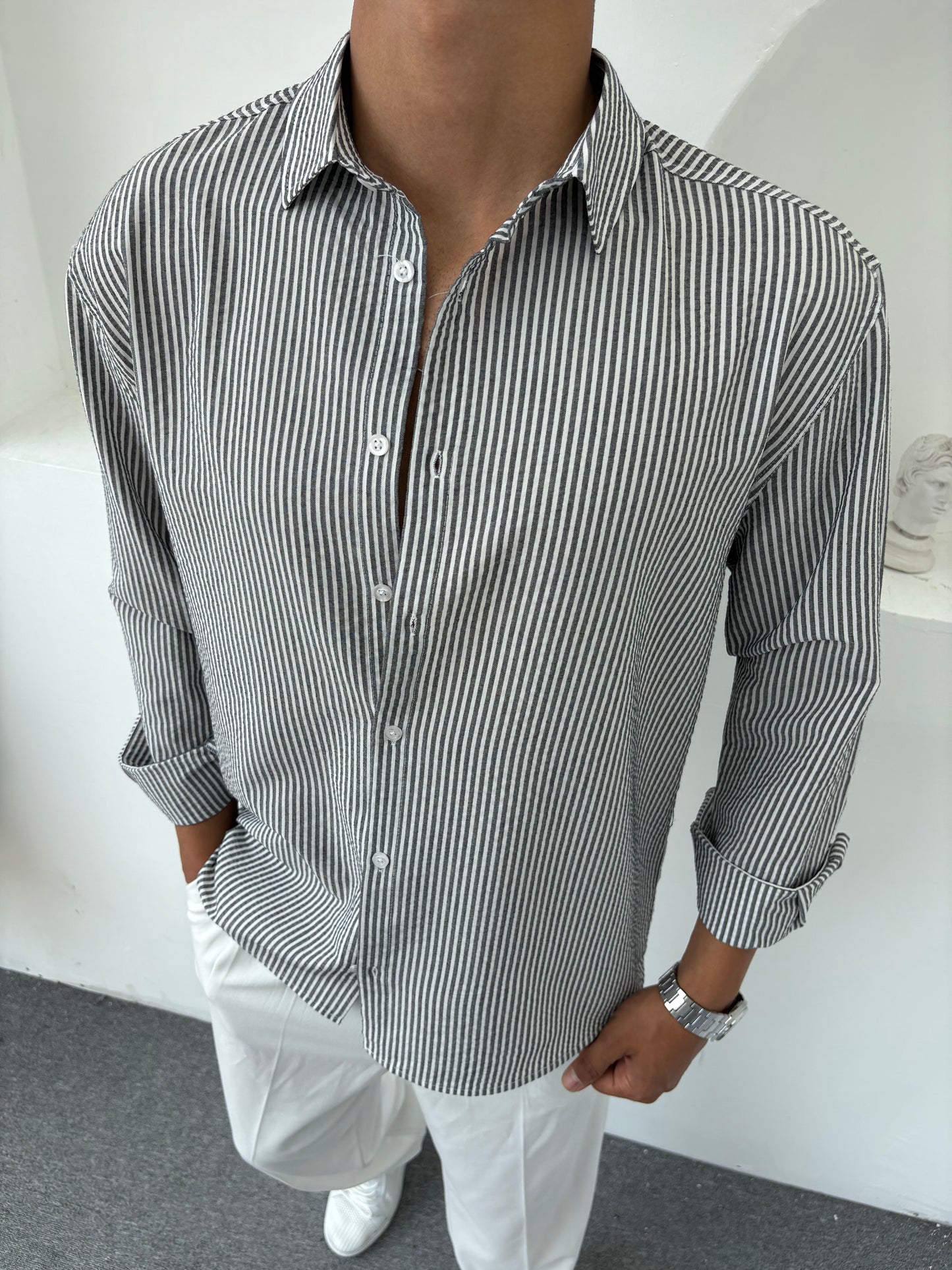 ÇİZGİLİ DETAYLI OVERSİZE KETEN GÖMLEK GRİ