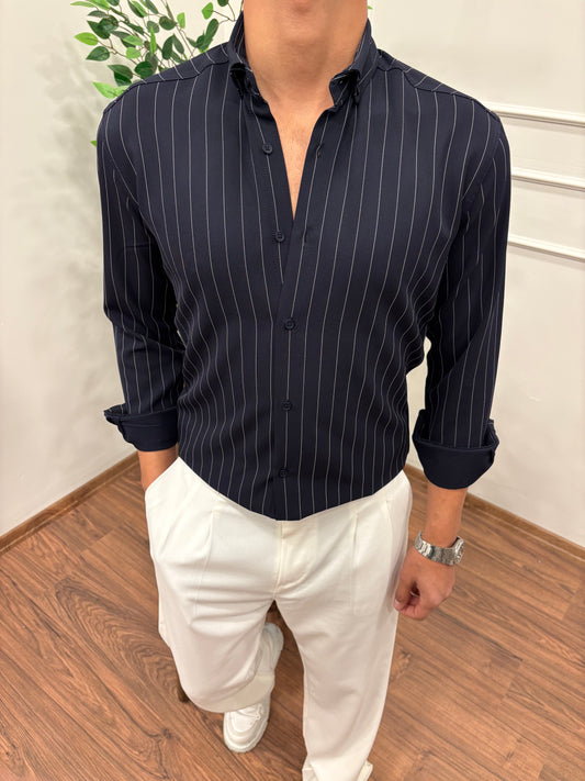 LİKRALI DABIL KUMAŞ ÇİZGİLİ GÖMLEK LACİVERT