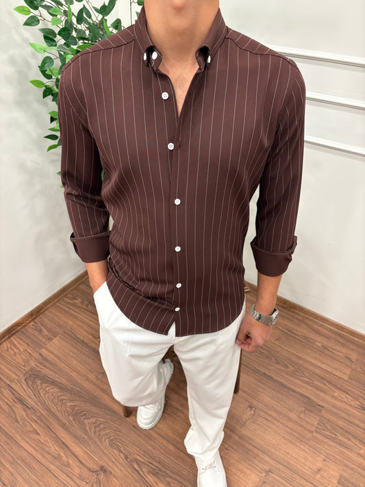 LİKRALI DABIL KUMAŞ ÇİZGİLİ GÖMLEK KAHVE