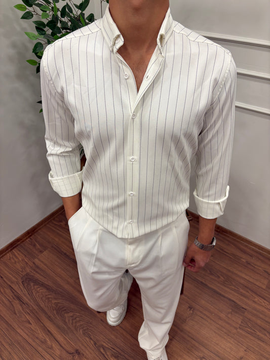 LİKRALI DABIL KUMAŞ ÇİZGİLİ GÖMLEK BEYAZ