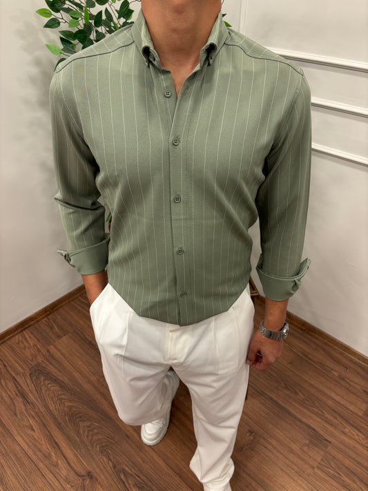 LİKRALI DABIL KUMAŞ ÇİZGİLİ GÖMLEK ÇAĞLA YEŞİLİ