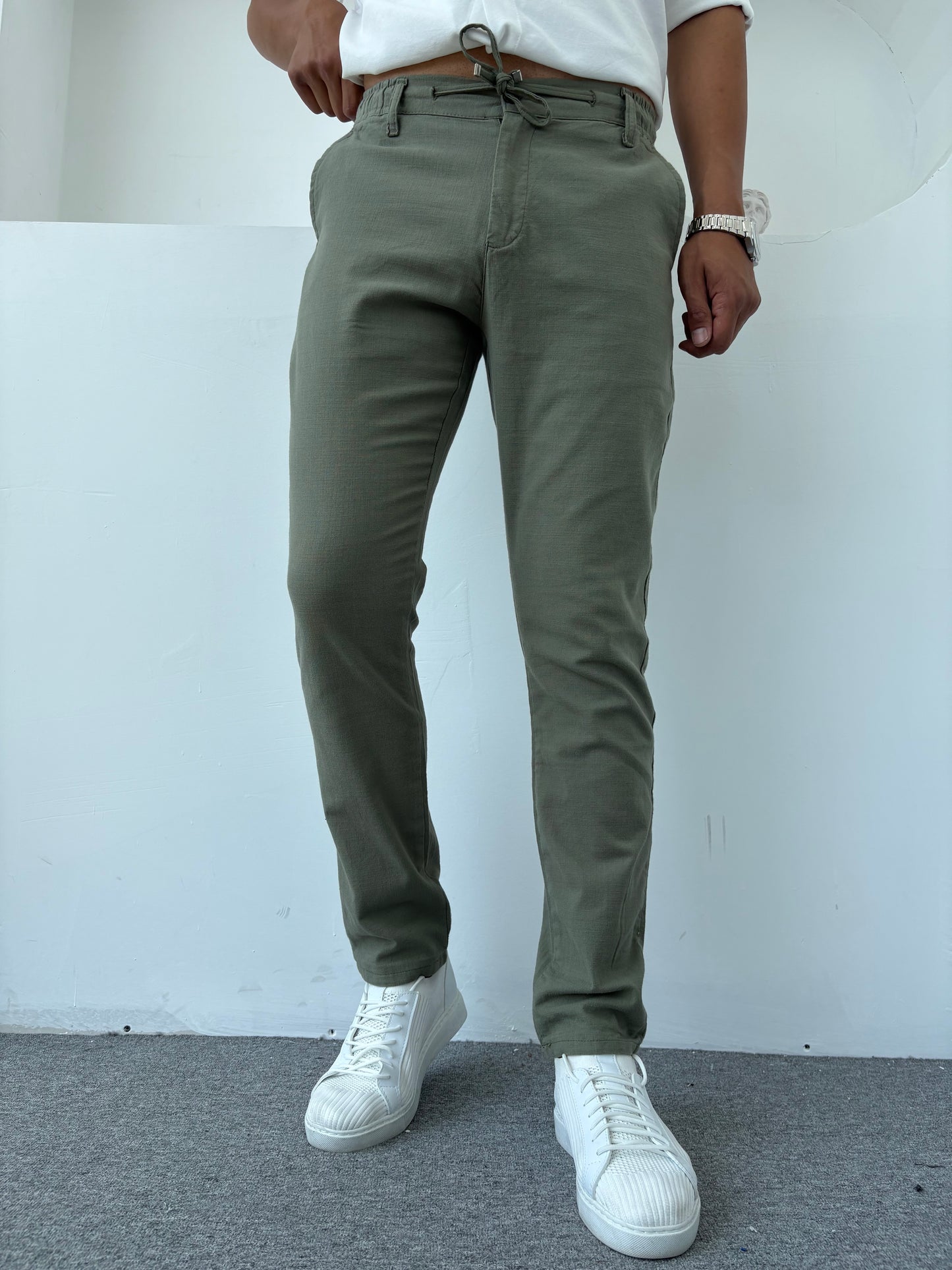 REGULAR FİT KALIP LİKRALI KETEN PANTOLON YEŞİL